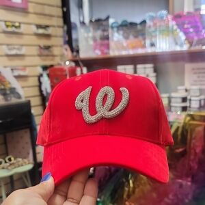 W- Red Baseball Cap with Rhinestone Logo